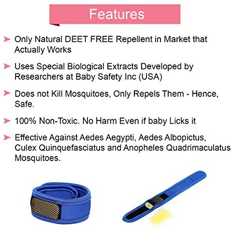 Safe-O-Kid - Pack of 1 - Baby Safety Inc Reusable Comfortable Multicolor Fabric Mosquito Repellant Band - Blue