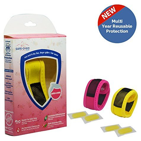 Safe-O-Kid Pack of 2 Yellow & Pink Colour Mosquito Repellent Band with 4 Refills and 6 Anti Mosquito Patches (Size Pack of 2)