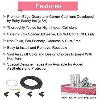 Safe-O-Kid - Unique High Density L-Shaped 2 mtr Long Mini 4 Edge Guard with 16 Corner Cushions - Black (Size Pack of 4)