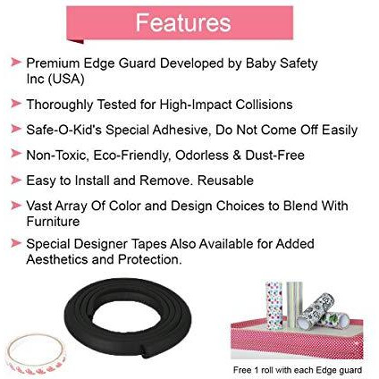 Safe-O-Kid - Unique High Density L-Shaped 2 mtr Long 4 Large Edge Guard with 16 Corner Cushions - Black (Size Pack of 4)