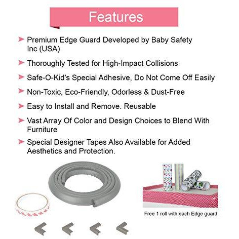 Safe-O-Kid- Unique High Density L-Shaped 5 mtr Long 4 Edge Guard Strip with 16 Corners- Grey (Size Pack of 16)