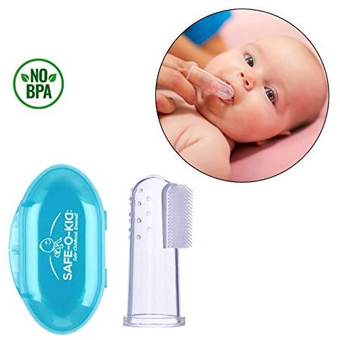 Safe-O-Kid- Extra Safe, Oral Hygiene, Transparent Silicone Finger Brush Tongue Cleaner for Baby Teething/Gums with Attractive Case- Blue (Size Pack of 1)