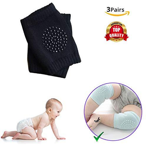 Safe-O-Kid- Pack of 3- Crawling Baby, Toddler, Infant Anti-Slip Elbow and Knee Pads/Guards-Black (Size Pack of 3)