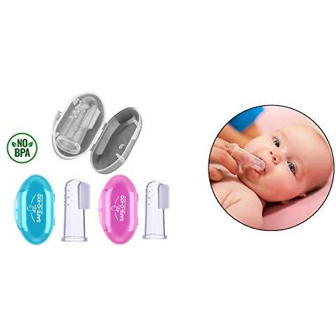 Safe-O-Kid- Pack of 3 (Combo), Silicone Baby Finger/Mouth Toothbrush with Case Set, Infant Training Soft Teeth Brush, Oral Cleaning Massager for Babies- 1 Blue, 1 Pink & 1 Transparent (Size Pack of 3)