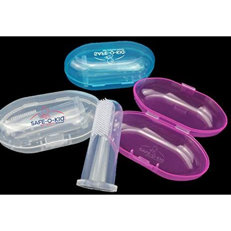 Safe-O-Kid- Pack of 3 (Combo), Silicone Baby Finger/Mouth Toothbrush with Case Set, Infant Training Soft Teeth Brush, Oral Cleaning Massager for Babies- 1 Blue, 1 Pink & 1 Transparent (Size Pack of 3)