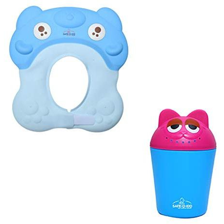 Safe-O-Kid Happy Shampoo Baby Safety Value Kit, Combo, Set, 2 Products - Shampoo Hat, Cap and Safe Shampoo Cup, Mug for Baby, Kids, Children, Infants, Toddlers - Blue