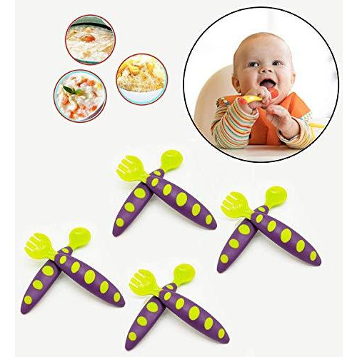 Safe-O-Kid -Pack of 4-4 Spoons, 4 Forks Training Set with Box, Green & Purple (Size Pack of 4)