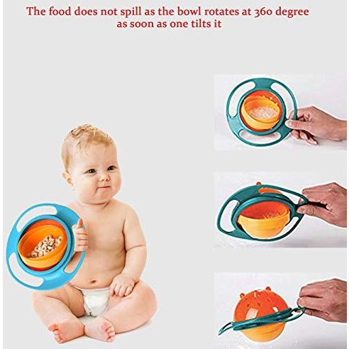 Safe-O-Kid 1 No Spill Gyro Bowl for Baby and Kids, 360 Degree Rotation Spill Proof Food Bowl, Orange and Green, Pack of 1 (Size Pack of 1)
