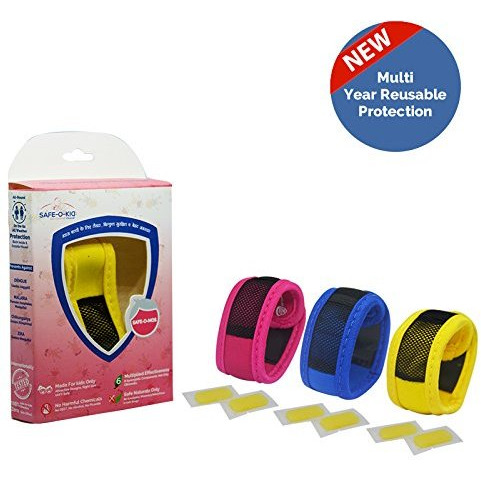Safe-O-Kid Pack of 3 Yellow & Blue & Pink Colour Mosquito Repellent Band with 6 Refills and 6 Anti Mosquito Patches- Highly Effective Bands by SafeOMos (Size Pack of 3)