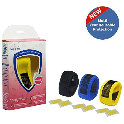 Safe-O-Kid Pack of 3 Yellow & Blue & Black Colour Mosquito Repellent Band with 6 Refills and 6 Anti Mosquito Patches- Highly Effective Bands by SafeOMos (Size Pack of 3)
