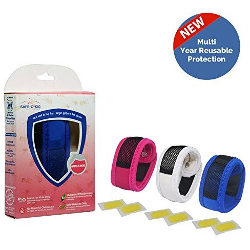 Safe-O-Kid Pack of 3 Blue & Pink & White Colour Mosquito Repellent Band with 6 Refills and 6 Anti Mosquito Patches- Highly Effective Bands by SafeOMos (Size Pack of 3)