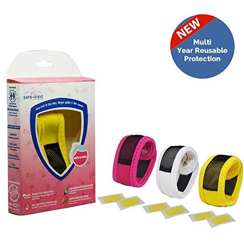 Safe-O-Kid Pack of 3 Yellow & White & Pink Colour Mosquito Repellent Band with 6 Refills and 6 Anti Mosquito Patches- Highly Effective Bands by SafeOMos (Size Pack of 3)