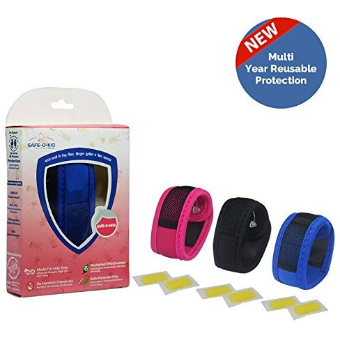 Safe-O-Kid Pack of 3 Blue & Pink & Black Colour Mosquito Repellent Band with 6 Refills and 6 Anti Mosquito Patches (Size Pack of 3)