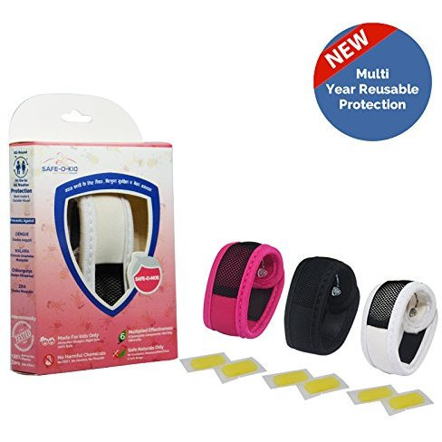 Safe-O-Kid Pack of 3White & Pink & Black Colour Mosquito Repellent Band with 6 Refills and 6 Anti Mosquito Patches (Size Pack of 3)