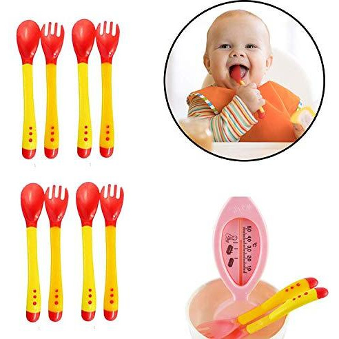 Safe-O-Kid - Pack of 4 - Heat-Sensitive 4 Spoons 4 Forks Set, BPA Free, Silicone tip, Red & Yellow (Size Pack of 4)