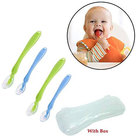 Safe-O-Kid - Pack of 2 - Soft Silicone Tip Spoons 2 Sets Box (4 Spoons), Blue & Green (Size Pack of 2)