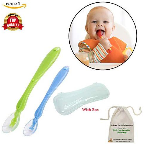 Safe-O-Kid Soft Silicone Tip Spoons Set Box (2 Spoons), Yellow & Green (Size Pack of 1)