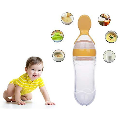 Safe-O-Kid 2 Easy Squeezy Silicone FoodFeeder Feeder Spoon (Soft Tip) Bottle, Yellow, 90ml, Pack of 2 (Size Pack of 2)