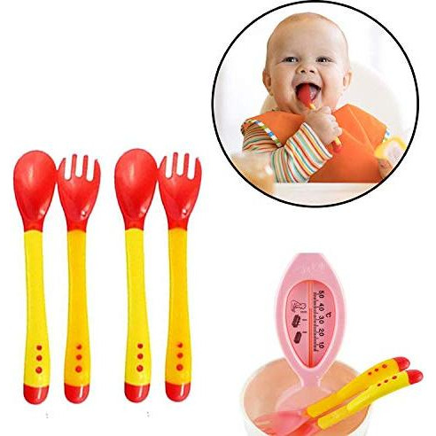 Safe-O-Kid - Pack of 2 - Heat Sensitive 2 Spoons 2 Forks Set, Silicone tip, Red & Yellow (Size Pack of 2)
