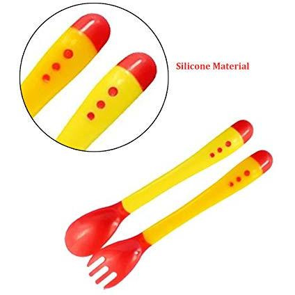 Safe-O-Kid - Pack of 2 - Heat Sensitive 2 Spoons 2 Forks Set, Silicone tip, Red & Yellow (Size Pack of 2)