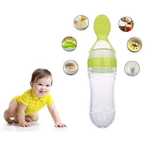 Safe-O-Kid 1 Easy Squeezy Silicone FoodFeeder Spoon (Soft Tip) Bottle, Green, 90ml, Pack of 1 (Size Pack of 1)