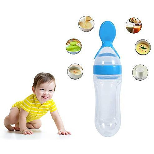 Safe-O-Kid 1 Easy Squeezy Silicone FoodFeeder Spoon (Soft Tip) Bottle, Blue, 90ml, Pack of 1 (Size Pack of 1)