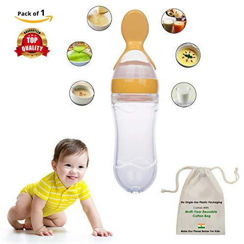 Safe-O-Kid 1 Easy Squeezy Silicone FoodFeeder Spoon (Soft Tip) Bottle, Yellow, 90ml, Pack of 1 (Size Pack of 1)