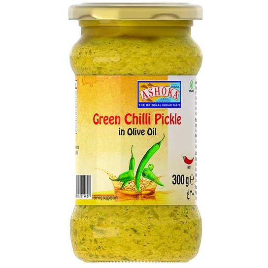 Case of 6 - Ashoka Green Chilli Pickle In Olive Oil - 300 Gm (10 Oz)