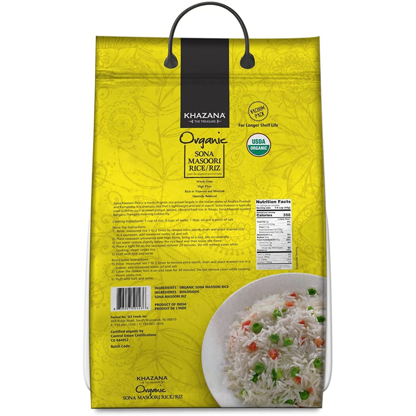 Khazana Organic Sona Masoori Rice - 10 Lb (4.5 Kg)