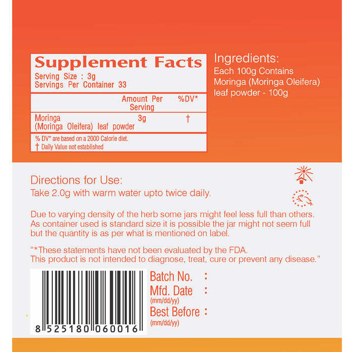 Vedic Moringa Powder - 100 Gm (3.52 Oz)