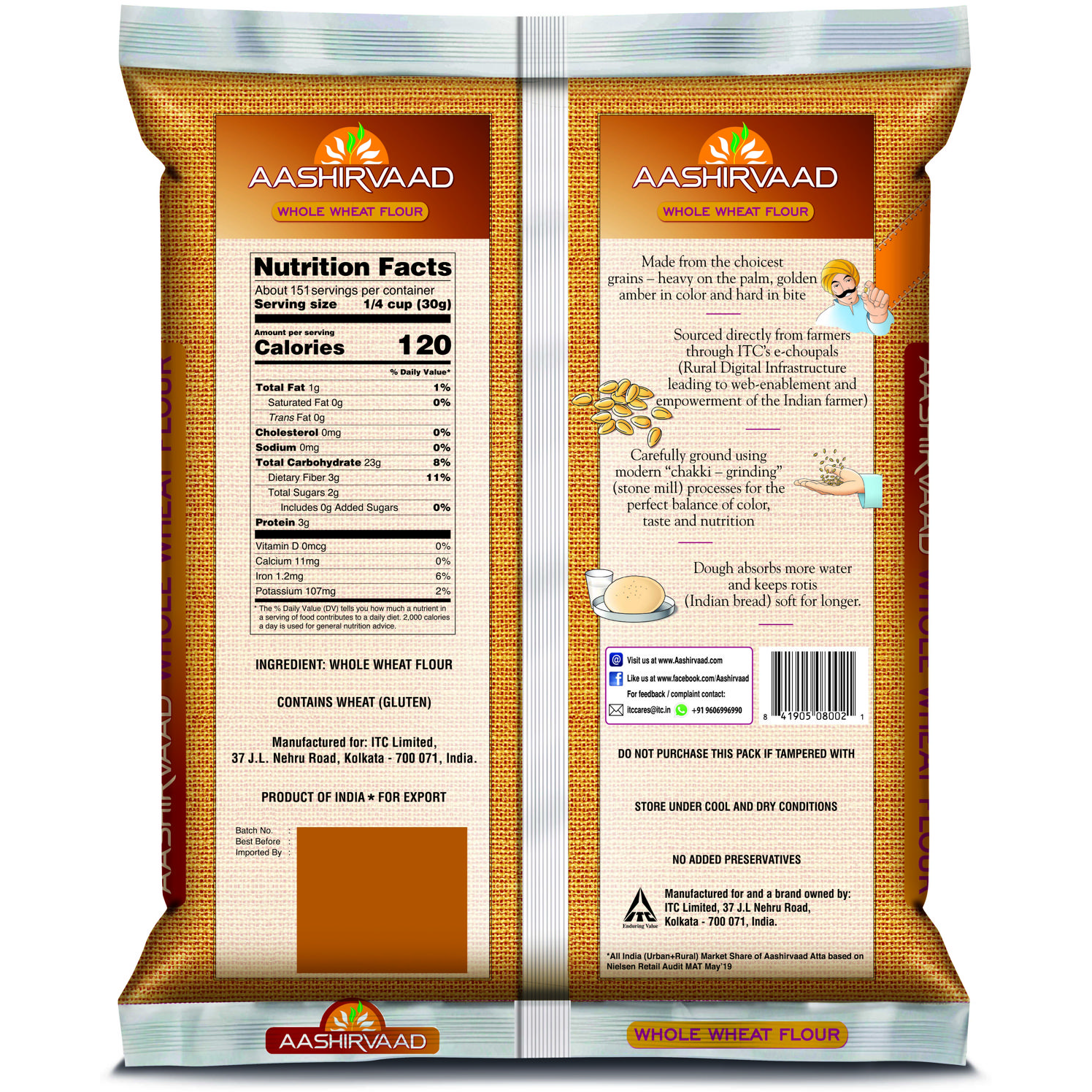 Aashirvaad Whole Wheat Atta Flour - 10 Lb (4.5 Kg)