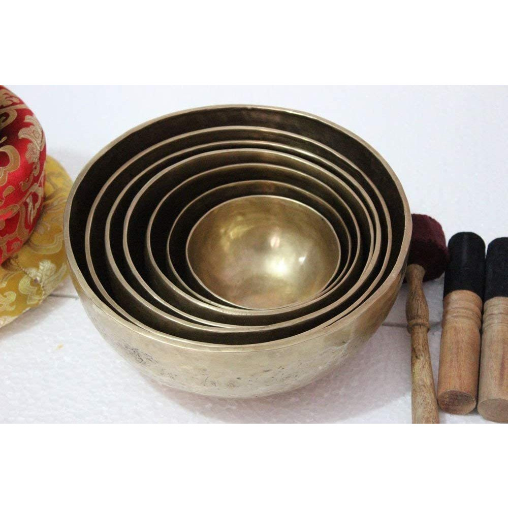 Chakra Healing Tibetan Singing Bowls Set of 7 pieces Hand Hammered Himalayan Meditation Bowls included Mallets, Cushion and Drumstick