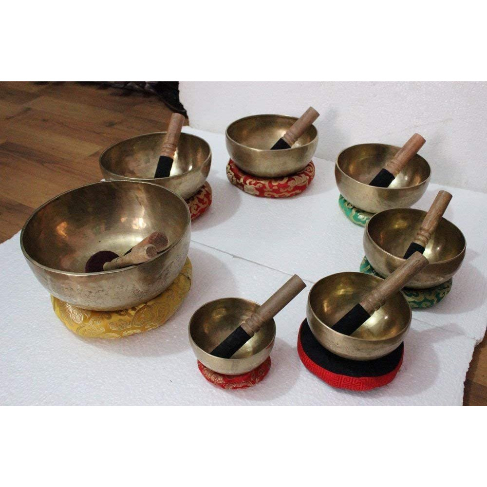 Chakra Healing Tibetan Singing Bowls Set of 7 pieces Hand Hammered Himalayan Meditation Bowls included Mallets, Cushion and Drumstick