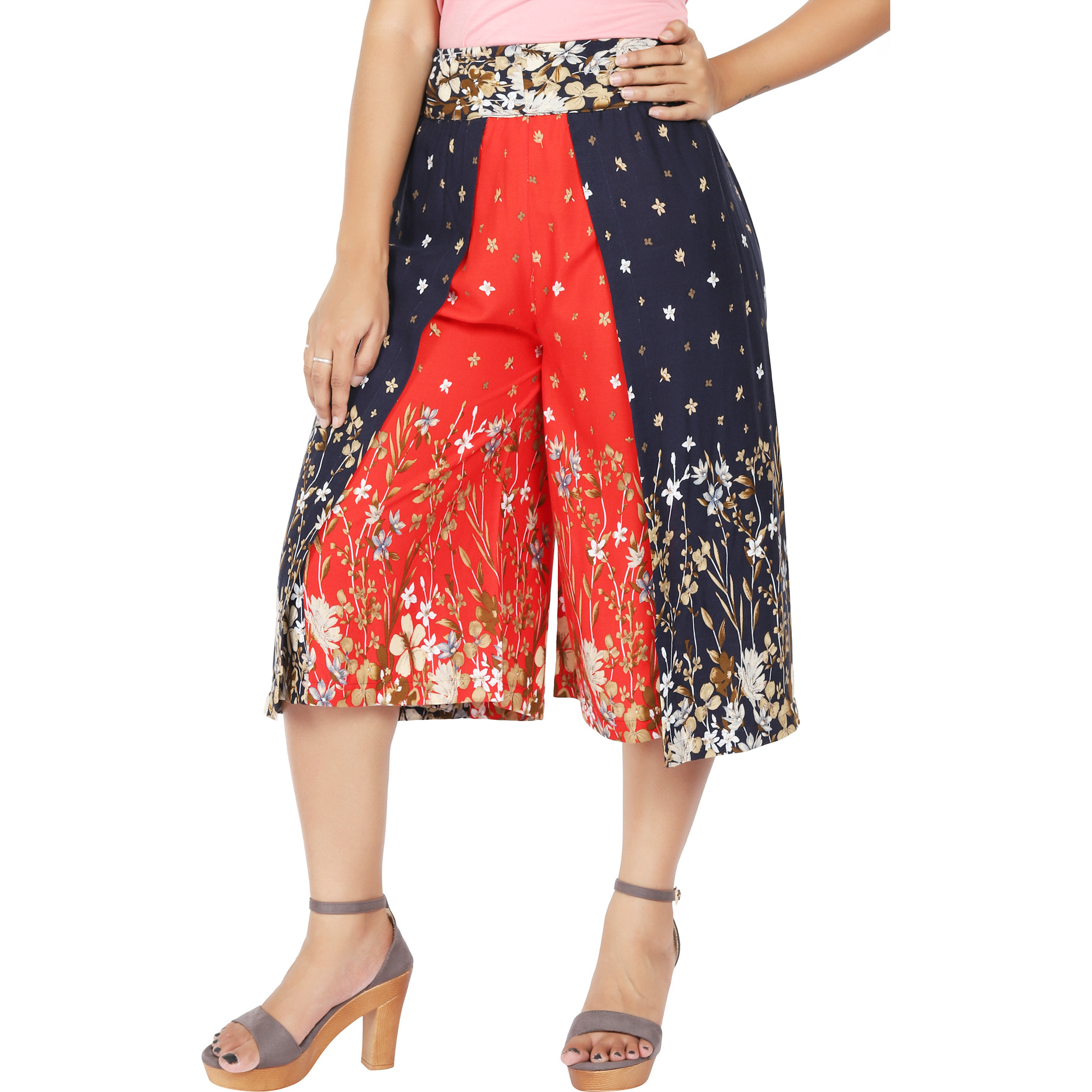 Craft Darbar Women's Designer Culottes / Wide Capri Pants Rayon Viscose Flower Print (Blue & Red)_X-Small (Size: X-Small)