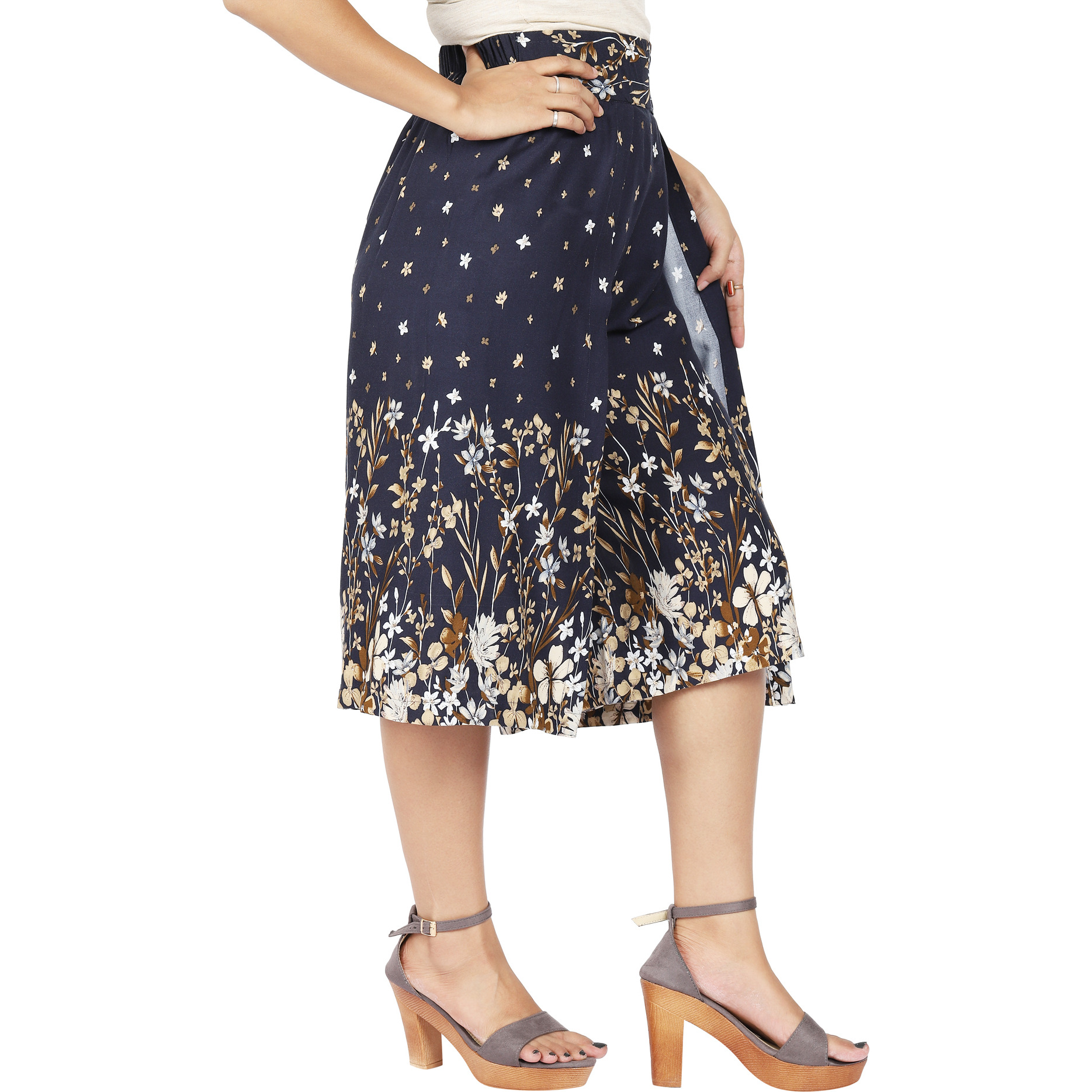 Craft Darbar Women's Designer Culottes / Wide Capri Pants Rayon Viscose Flower Print (Blue)_X-Small (Size: X-Small)