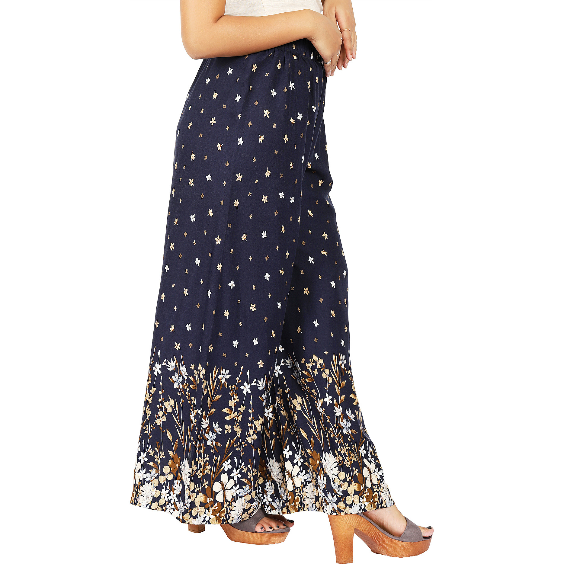 Craft Darbar Women's Designer Rayon Viscose Flower Print Palazzo / Wide Capri Pants / Trousers (Blue)_Small (Size: Small)