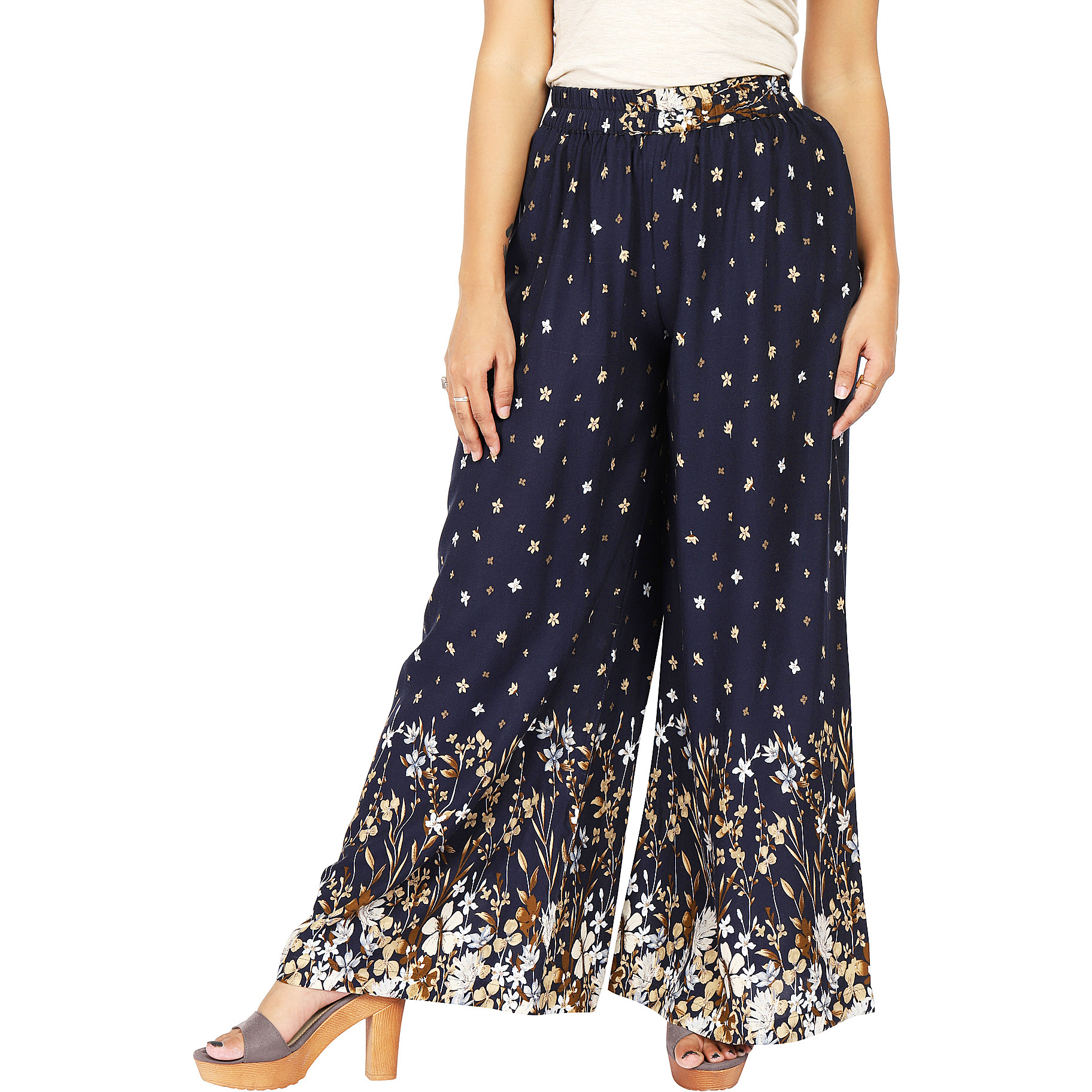 Craft Darbar Women's Designer Rayon Viscose Flower Print Palazzo / Wide Capri Pants / Trousers (Blue)_Small (Size: Small)