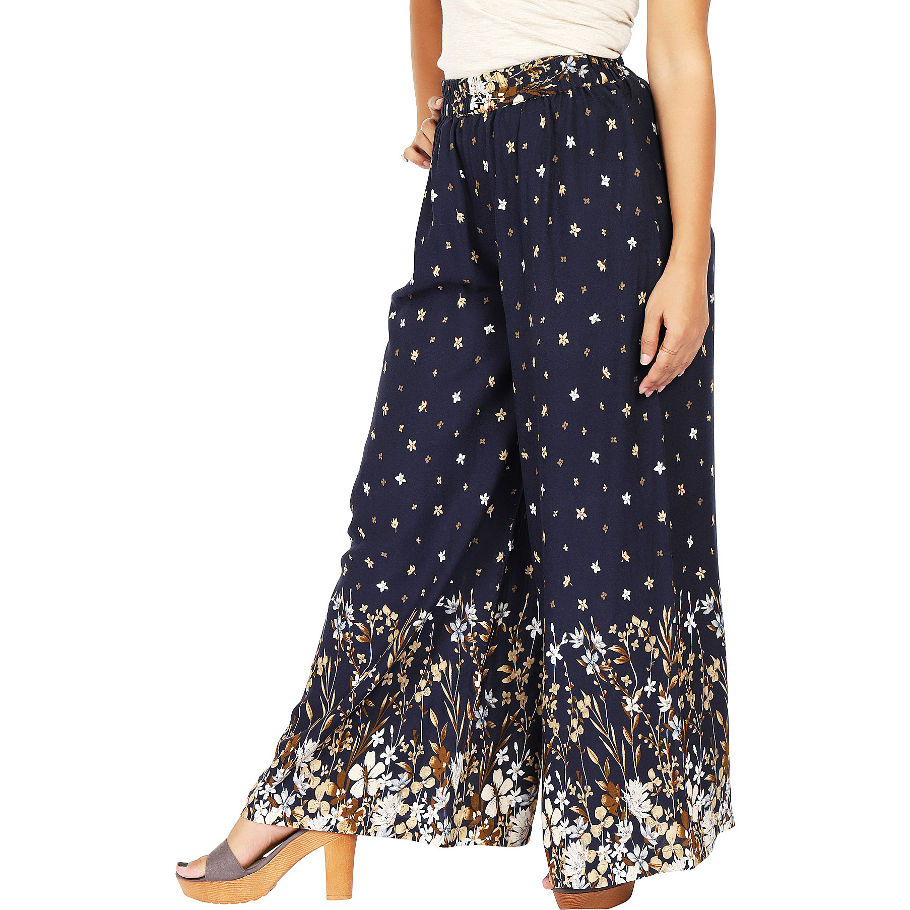 Craft Darbar Women's Designer Rayon Viscose Flower Print Palazzo / Wide Capri Pants / Trousers (Blue)_Small (Size: Small)