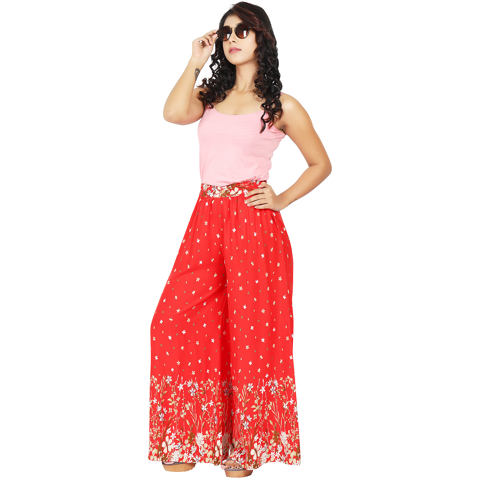 Craft Darbar Women's Designer Rayon Viscose Flower Print Palazzo / Wide Capri Pants / Trousers (Red)_M (Size: Medium)
