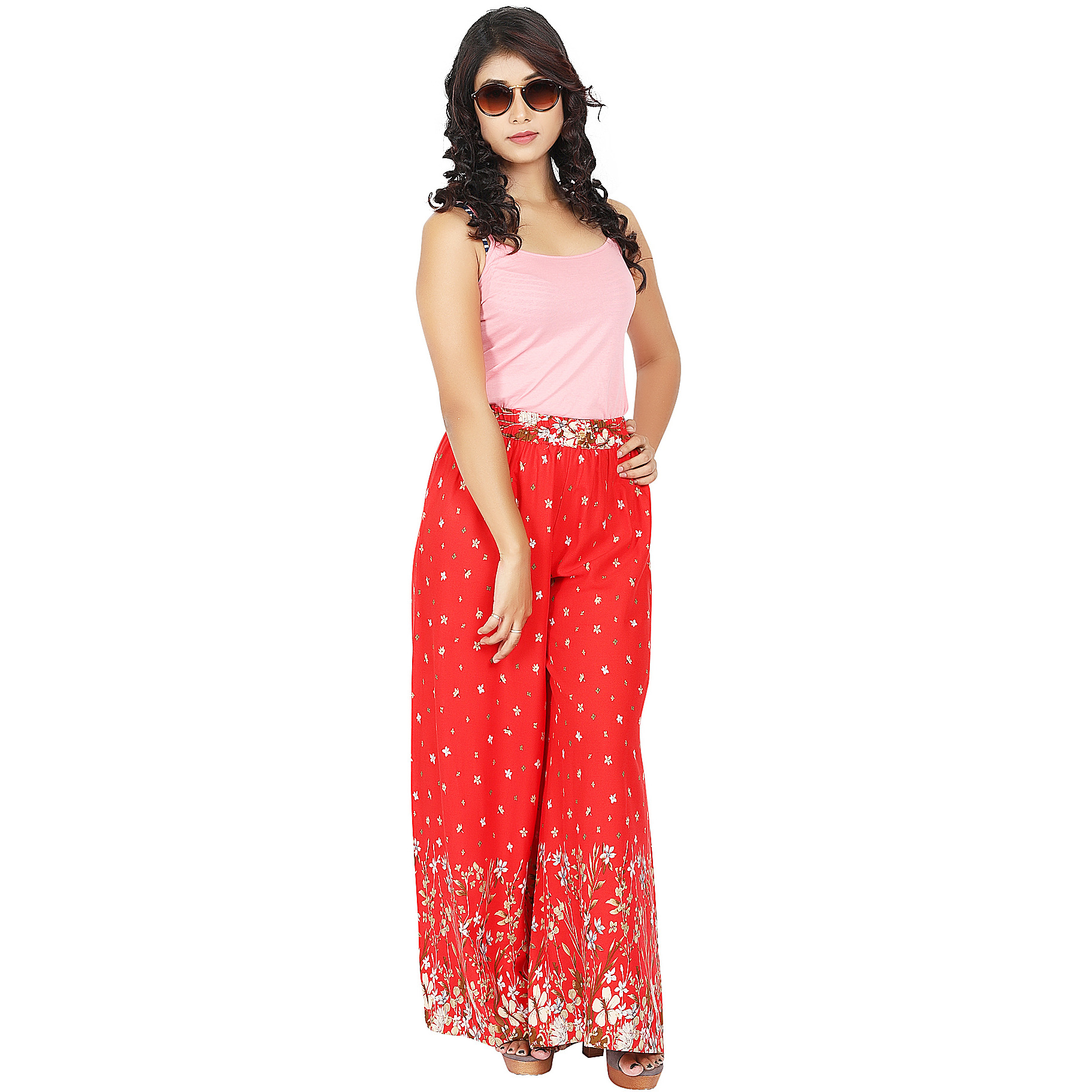 Craft Darbar Women's Designer Rayon Viscose Flower Print Palazzo / Wide Capri Pants / Trousers (Red)_M (Size: Medium)