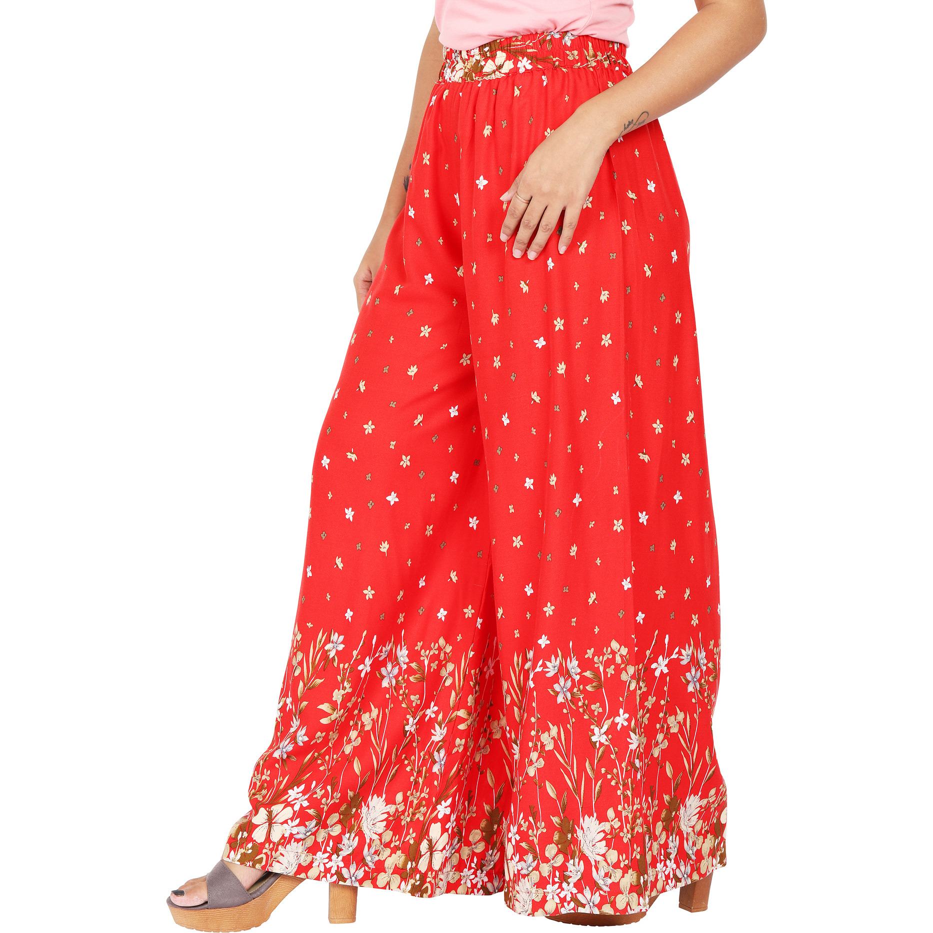 Craft Darbar Women's Designer Rayon Viscose Flower Print Palazzo / Wide Capri Pants / Trousers (Red)_M (Size: Medium)