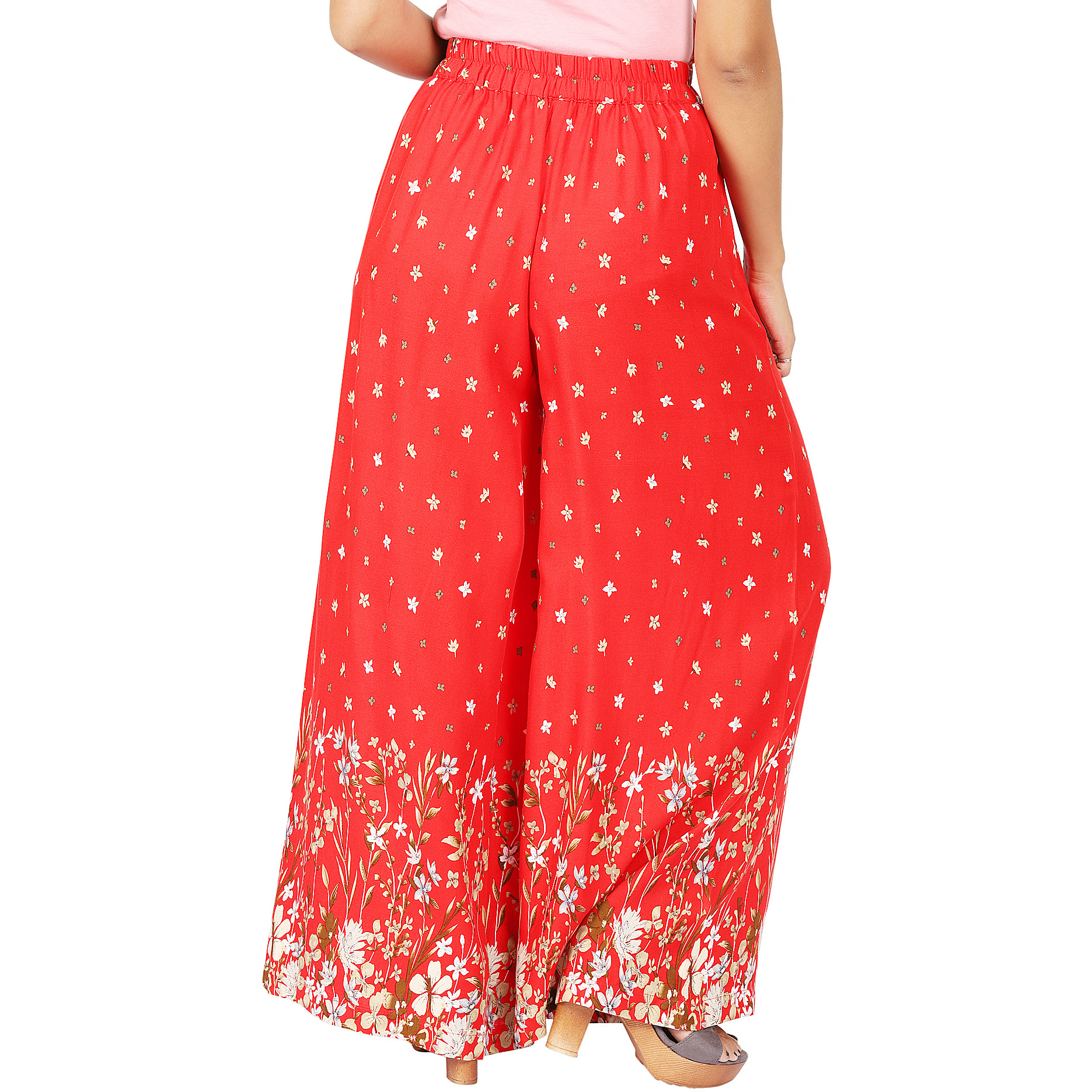 Craft Darbar Women's Designer Rayon Viscose Flower Print Palazzo / Wide Capri Pants / Trousers (Red)_M (Size: Medium)