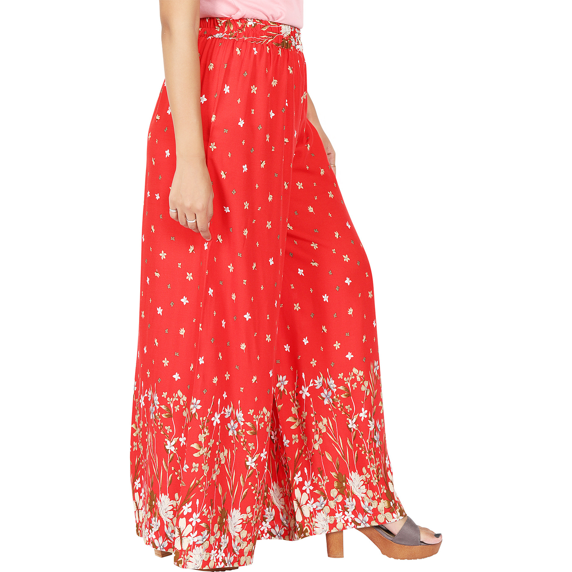 Craft Darbar Women's Designer Rayon Viscose Flower Print Palazzo / Wide Capri Pants / Trousers (Red)_M (Size: Medium)