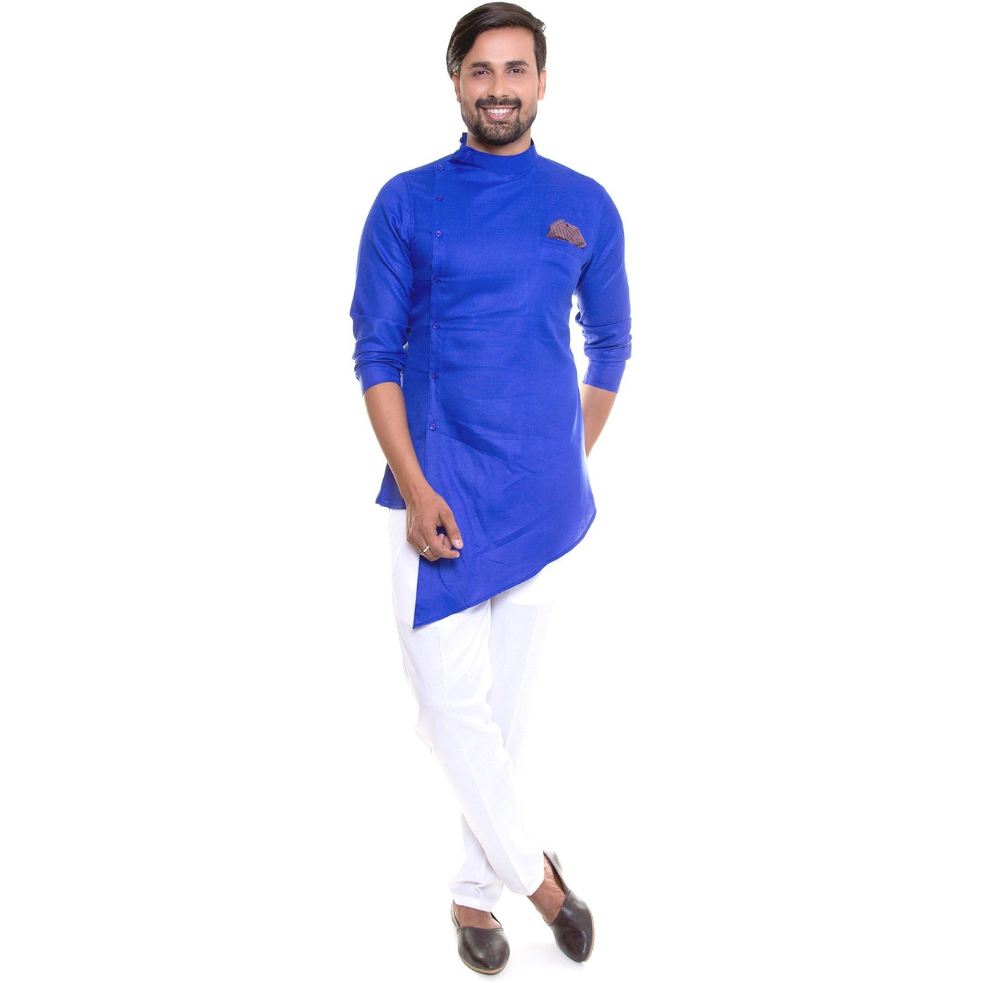 S9 Men Deep Blue  Kurta Pyjama Set With Contrast Pocket Square And Stylish Brooch