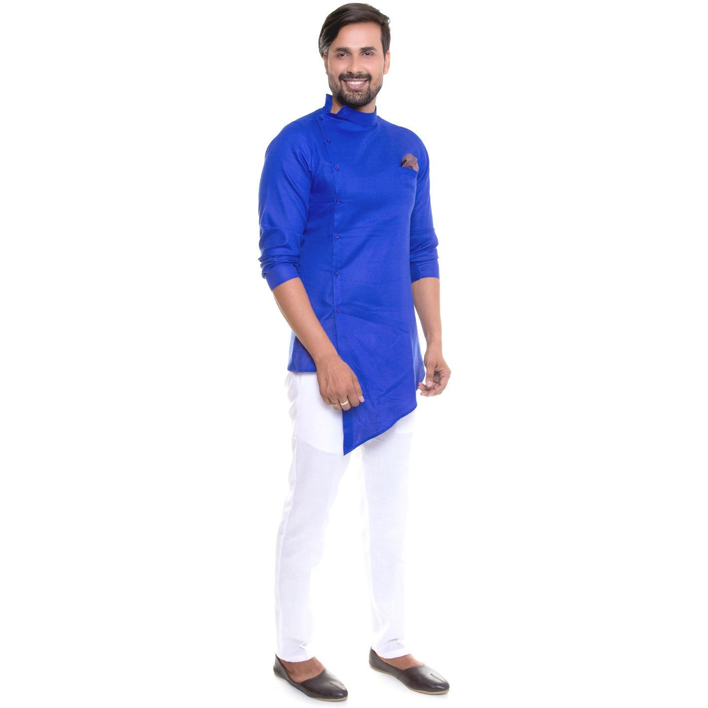 S9 Men Deep Blue  Kurta Pyjama Set With Contrast Pocket Square And Stylish Brooch