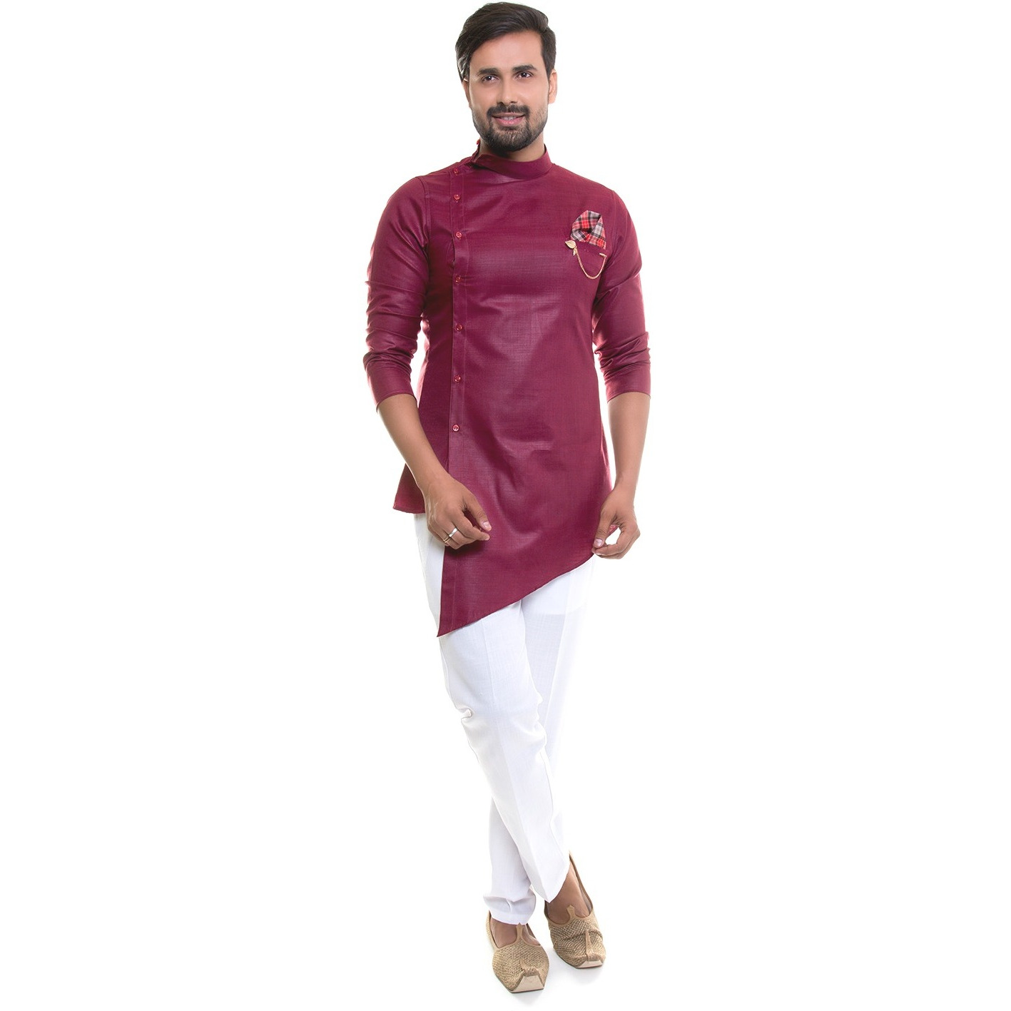 S9 Men Rich Maroon Kurta Pyjama Set With Printed Pocket Square And Stylish Brooch