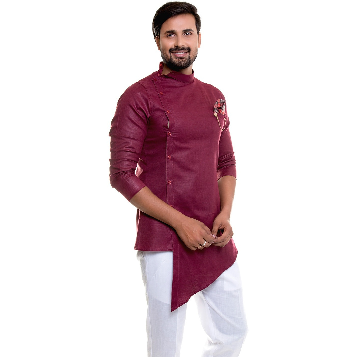 S9 Men Rich Maroon Kurta Pyjama Set With Printed Pocket Square And Stylish Brooch