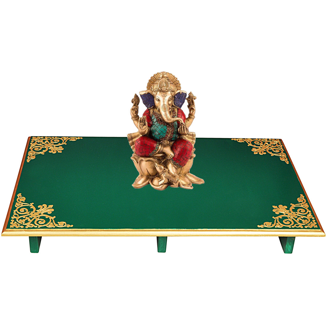 End Table Handmade Wooden Living Room Coffee Table Decor Home Decorative Item Puja Articles Chowki Bajot Patala (Size: 24x15x4, Color: Green)