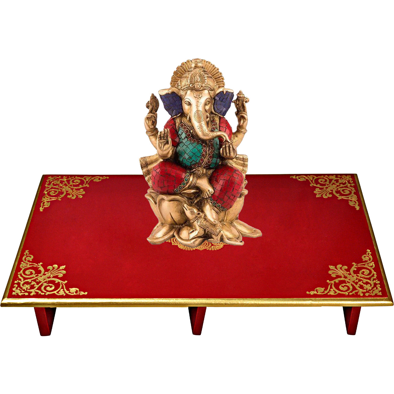 Indian Wooden Hand painted Chowki Pata for Rakhi Gift End Table Low High Stool (Size: 24X15X4, Color: Red)