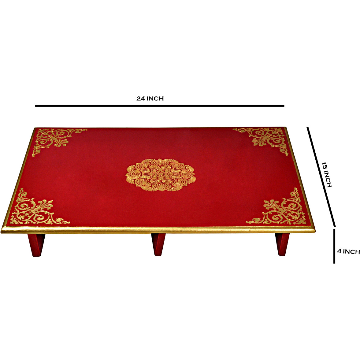 Indian Wooden Hand painted Chowki Pata for Rakhi Gift End Table Low High Stool (Size: 24X15X4, Color: Red)